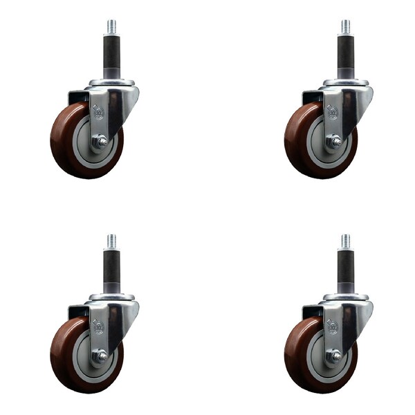 3.5'' SS Maroon Poly Wheel Swivel 1'' Expanding Stem Caster Set, 4PK